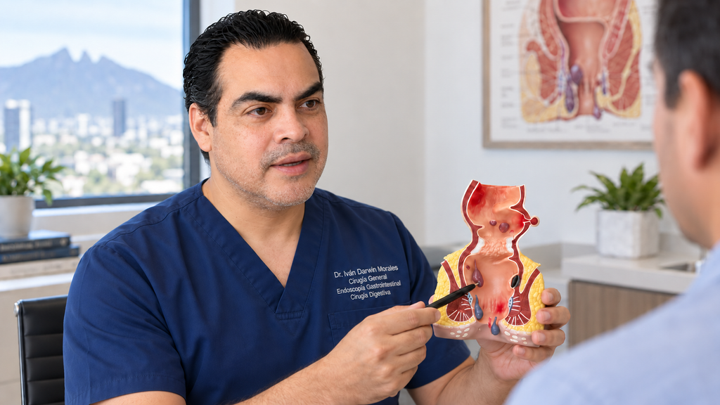 Dr. Iván Darwin Morales explicando el tratamiento láser de hemorroides en Monterrey