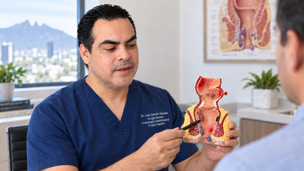 Dr. Iván Darwin Morales durante una consulta para tratamiento de hemorroides en Monterrey