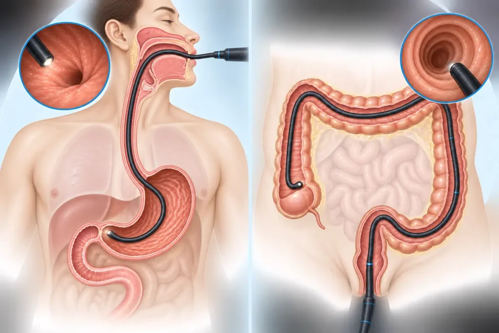 Esquema del recorrido del endoscopio durante la endoscopia digestiva superior y la colonoscopia
