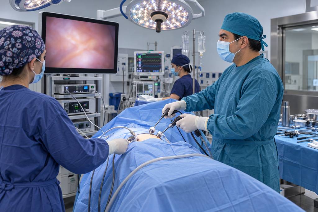 Dr. Iván Darwin Morales realizando cirugía laparoscópica digestiva en Monterrey